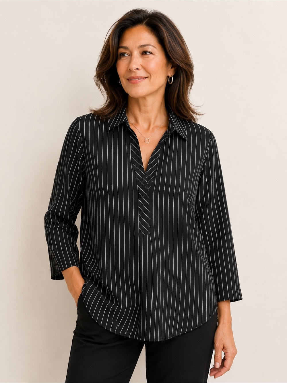 Modern Works Black Pinstripe Collared Button-Front Tunic Top